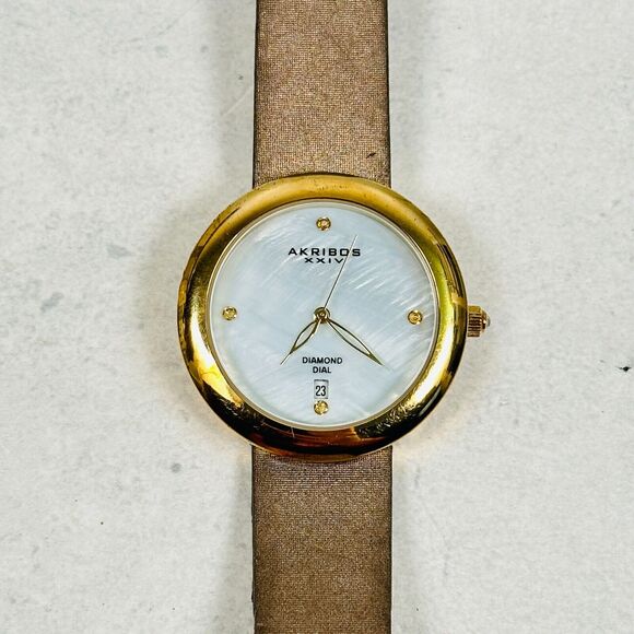 Arkibos Watch Womens 37mm Date MOP Diamond Dial Round Gold Tone New Battery - Picture 1 of 11